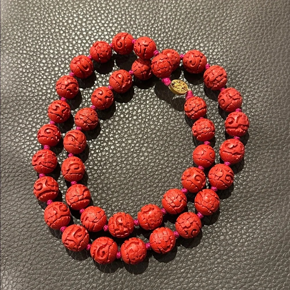 Vintage Hand Carved 28” Cinnabar Necklace